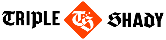 Triple Shady logo with triple on the left and shady on the right of an orange  diamond-shaped TS logo